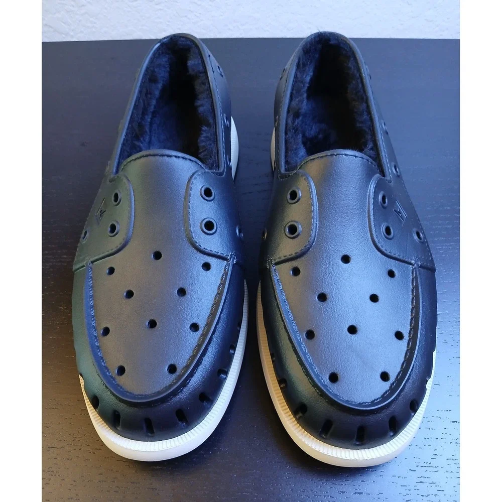 Sperry Mens Authentic Original Float Black Faux Fur Lined Boat Shoes fits mens 9